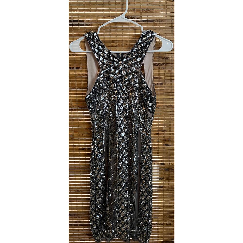 Verty Sequin Cocktail Dress Small Black Silver Nude‎ Mesh Illusion Party - Picture 5 of 11